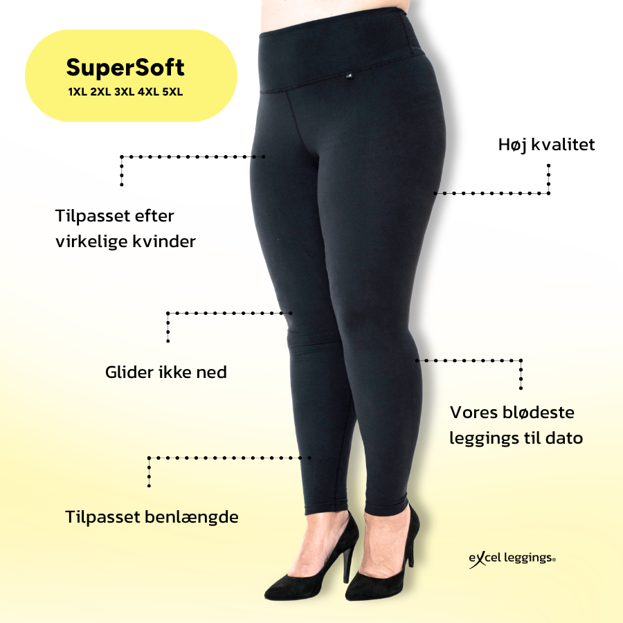 Vores SuperSoft Leggings i sort er vores blødeste leggings til dato. De glider ikke ned og har tilpasset benlængde efter virkelige kvinder med former. 